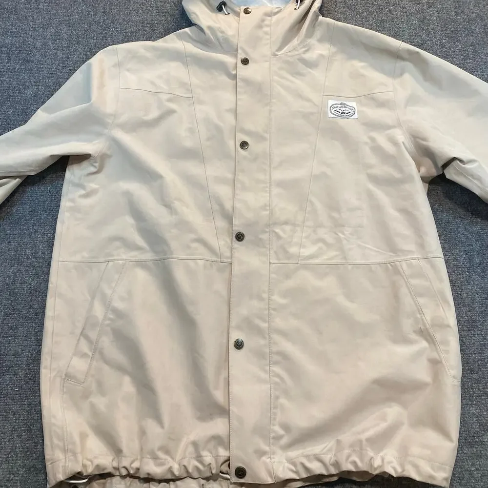 Poler Camp Vibes Hooded Rain Jacket Mens XL Cream Water Resistant Coat Zip Snap - Picture 2 of 9